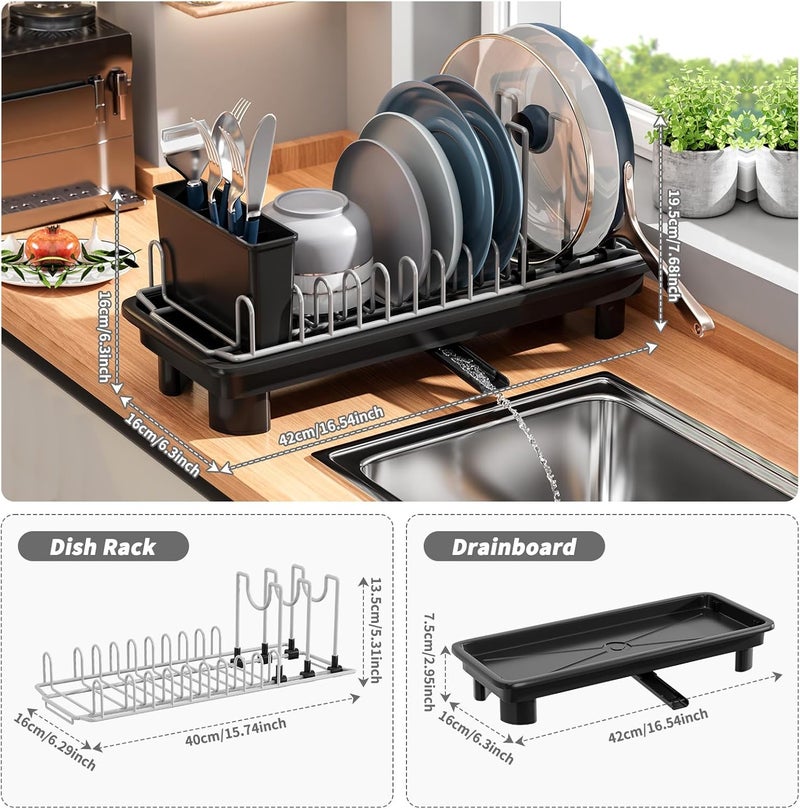 SanDream Small Dish Drying Rack with Removable Utensil Holder & Anti-Scratch Base - Stainless Steel Dish Rack, Dish Drying Rack with Drainage & Space Saving Design for Kitchen Counter, Black - Image 3